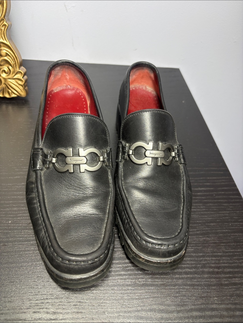 Salvatore Ferragamo Black Leather Gancini Bit Slip-On Loafers